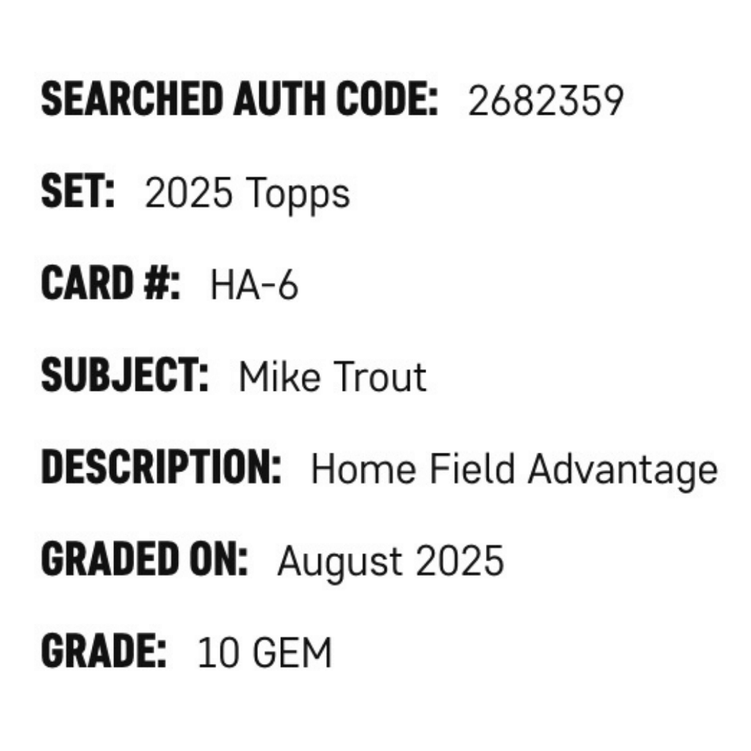 Mike Trout SGC 10 2025 Topps Home Field Advantage Case Hit Card #HA-6