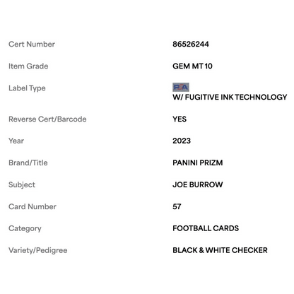 Joe Burrow PSA 10 2023 Panini Prizm Black & White Checker Card #57