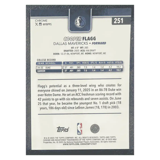 Cooper Flagg 2025-26 Topps Chrome X-Fractor Rookie RC Card #251
