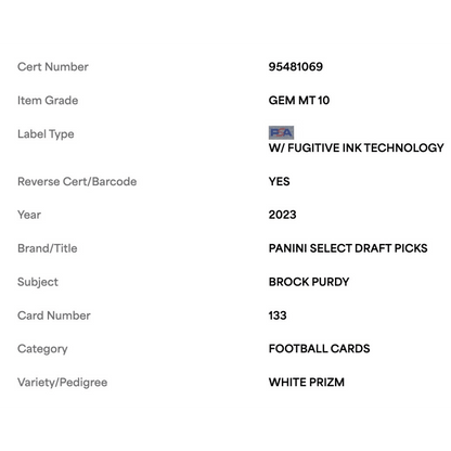 Brock Purdy PSA 10 2023 Panini Select Draft Picks White Prizm #d/ 35 Card #133