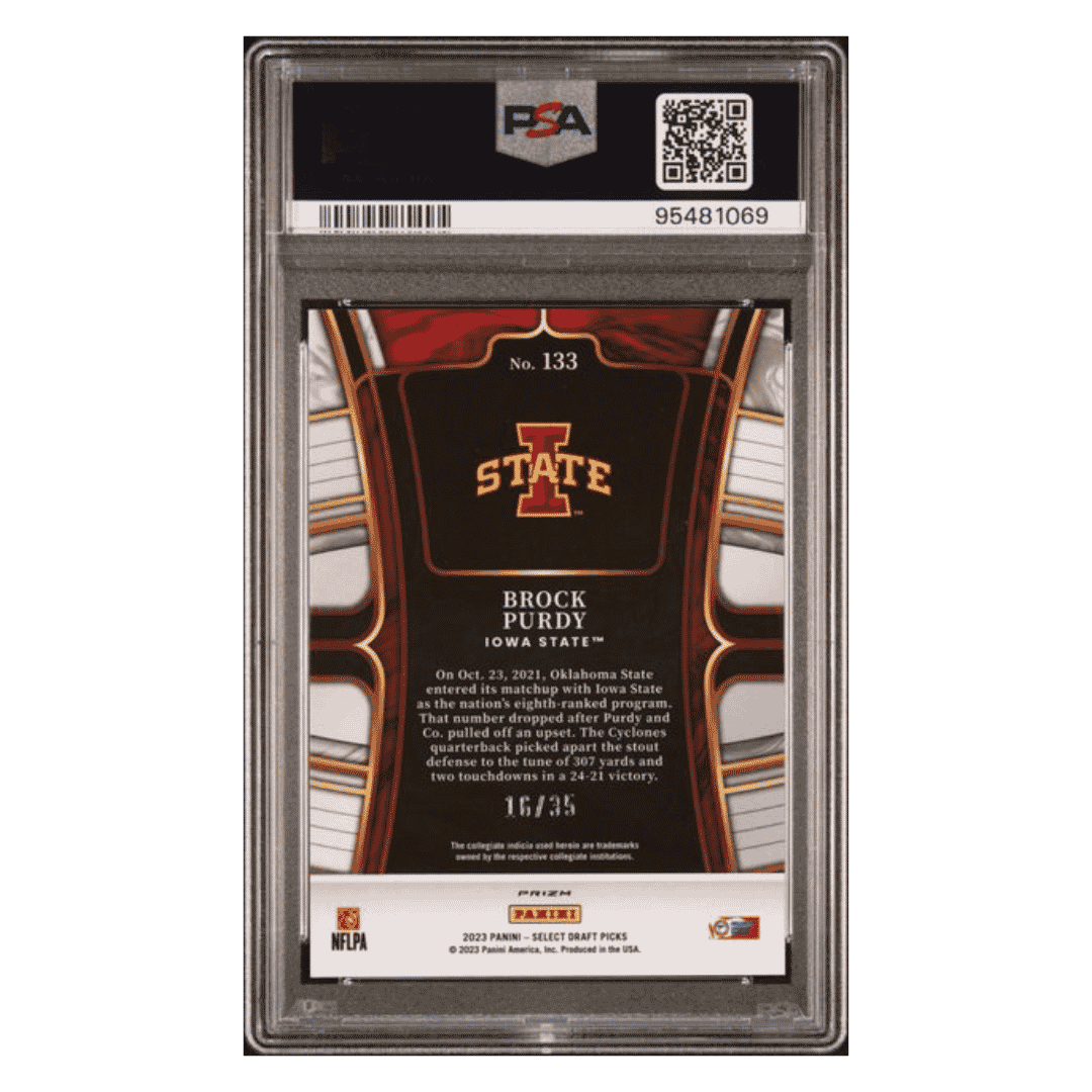 Brock Purdy PSA 10 2023 Panini Select Draft Picks White Prizm #d/ 35 Card #133