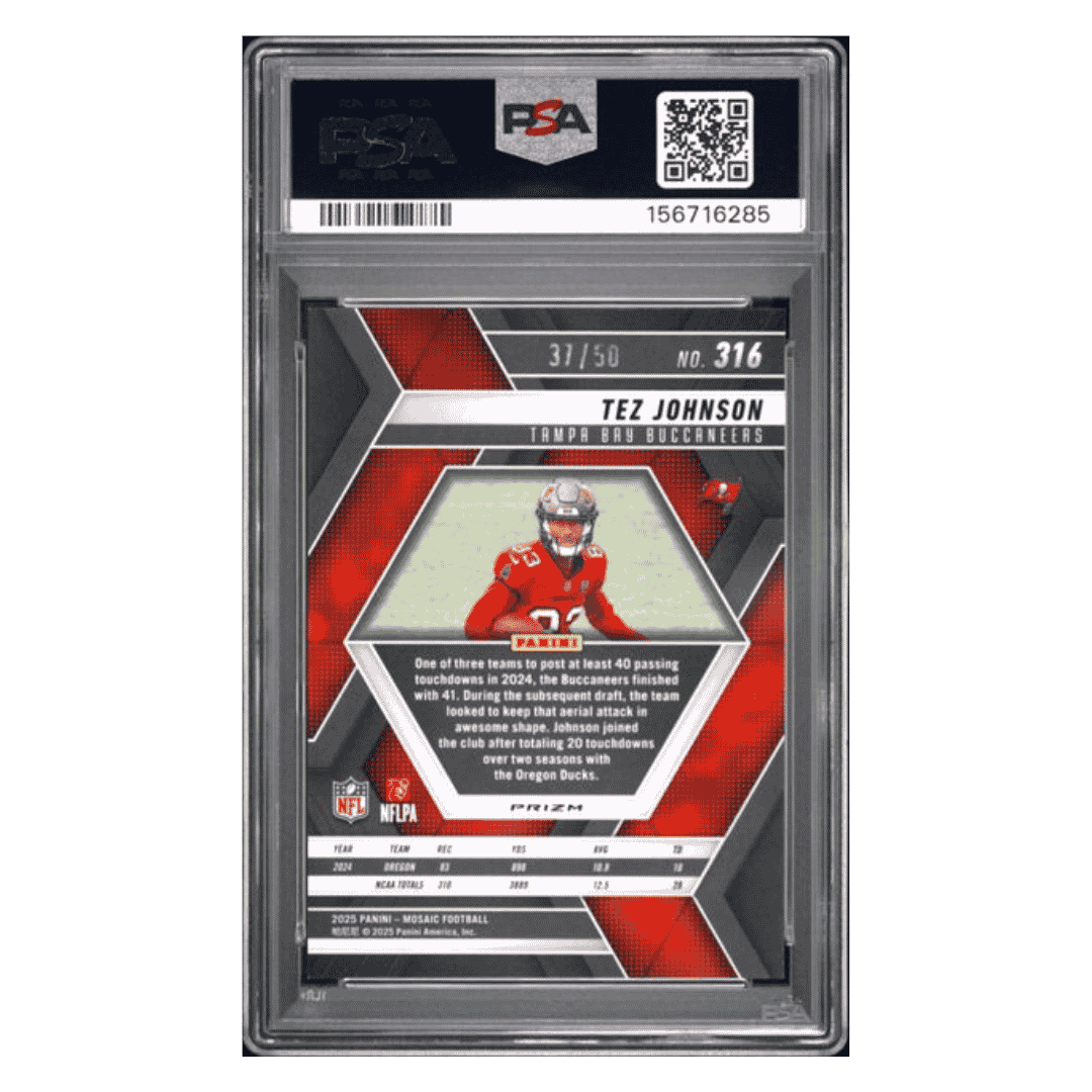 Tez Johnson PSA 10 2025 Panini Mosaic Purple No Huddle Rookie RC #d/ 50 Card #316
