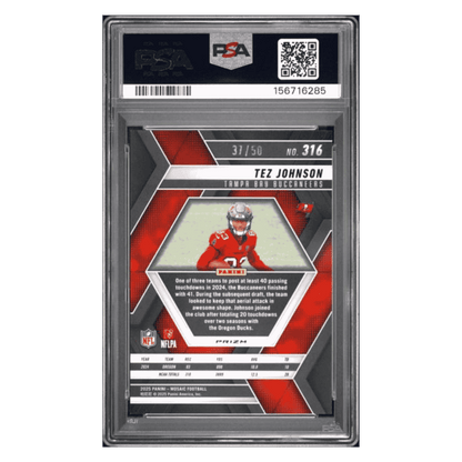 Tez Johnson PSA 10 2025 Panini Mosaic Purple No Huddle Rookie RC #d/ 50 Card #316