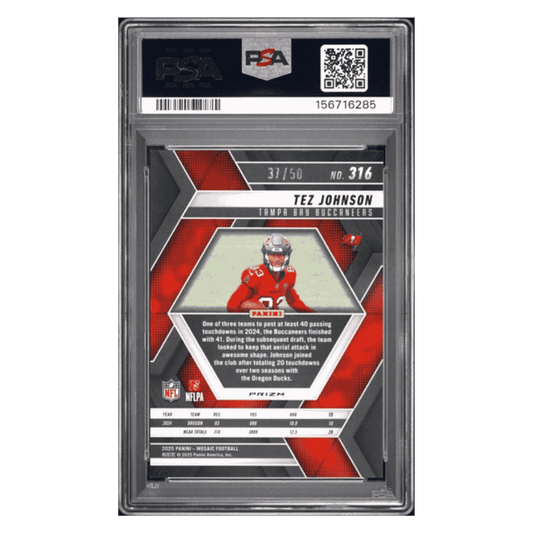 Tez Johnson PSA 10 2025 Panini Mosaic Purple No Huddle Rookie RC #d/ 50 Card #316