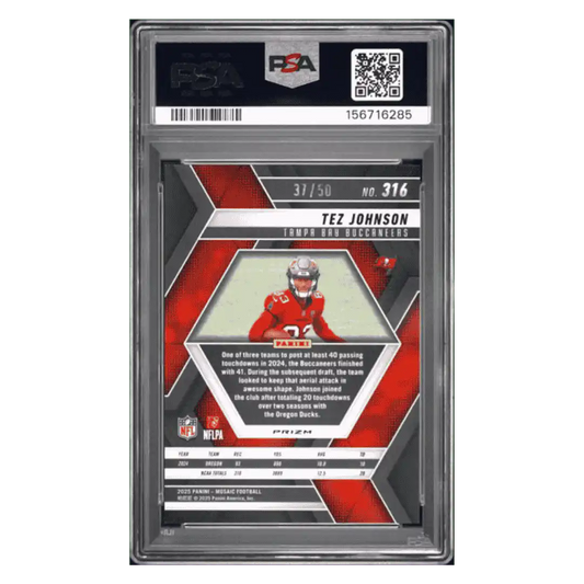 Tez Johnson PSA 10 2025 Panini Mosaic Purple No Huddle Rookie RC #d/ 50 Card #316