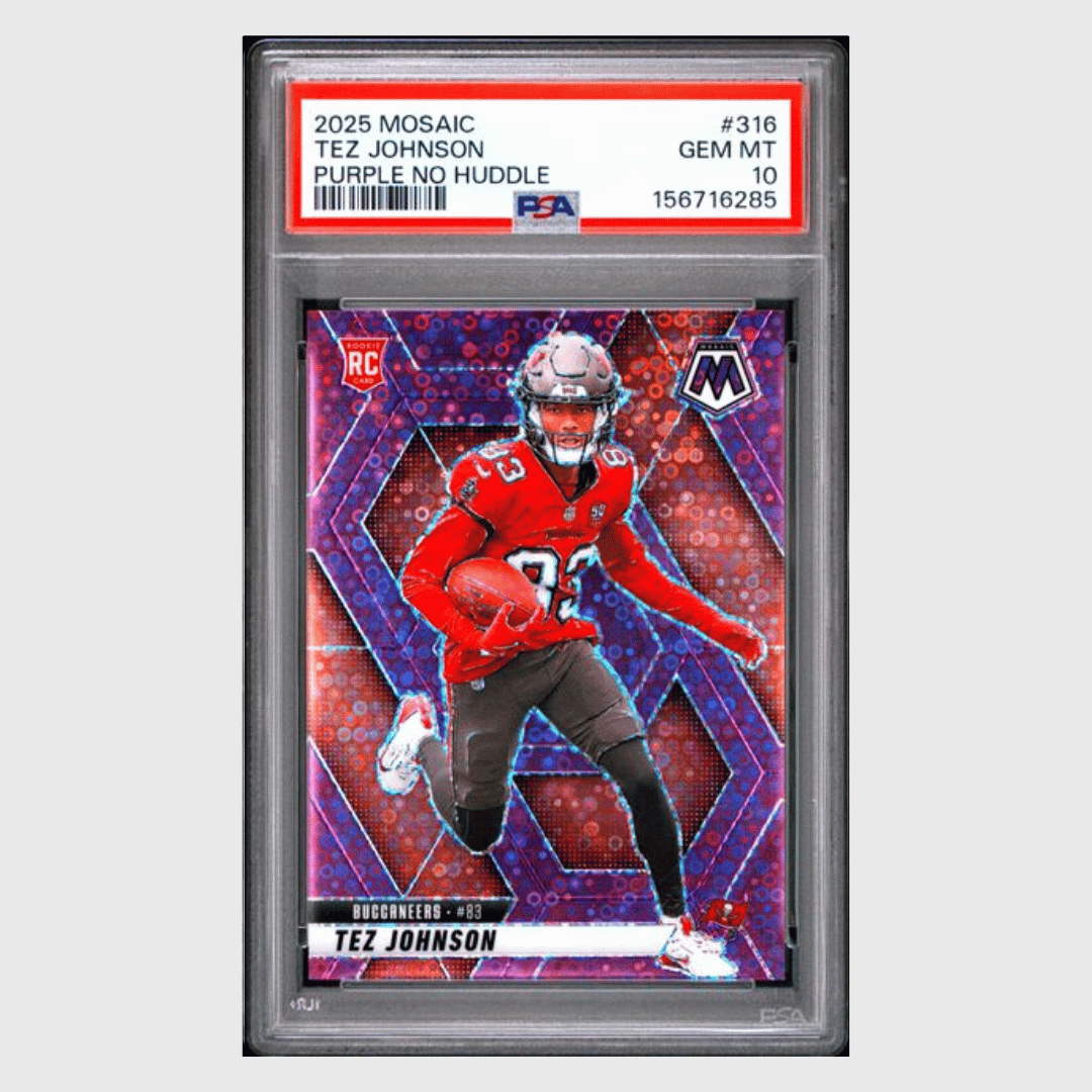 Tez Johnson PSA 10 2025 Panini Mosaic Purple No Huddle Rookie RC #d/ 50 Card #316
