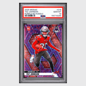 Tez Johnson PSA 10 2025 Panini Mosaic Purple No Huddle Rookie RC #d/ 50 Card #316