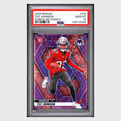 Tez Johnson PSA 10 2025 Panini Mosaic Purple No Huddle Rookie RC #d/ 50 Card #316