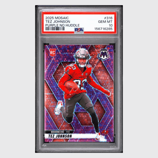 Tez Johnson PSA 10 2025 Panini Mosaic Purple No Huddle Rookie RC #d/ 50 Card #316