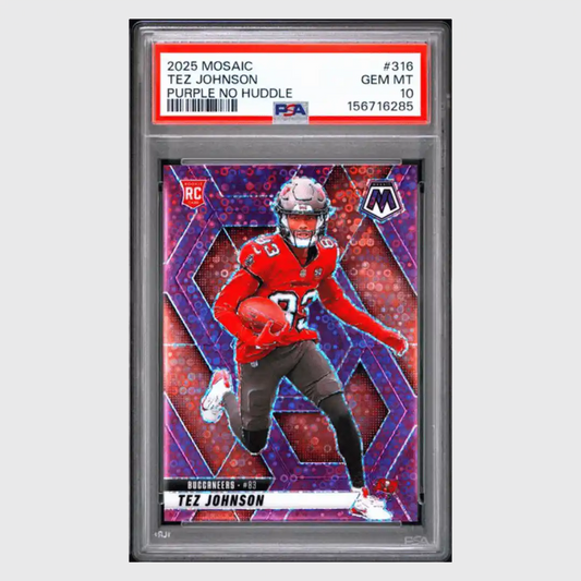 Tez Johnson PSA 10 2025 Panini Mosaic Purple No Huddle Rookie RC #d/ 50 Card #316