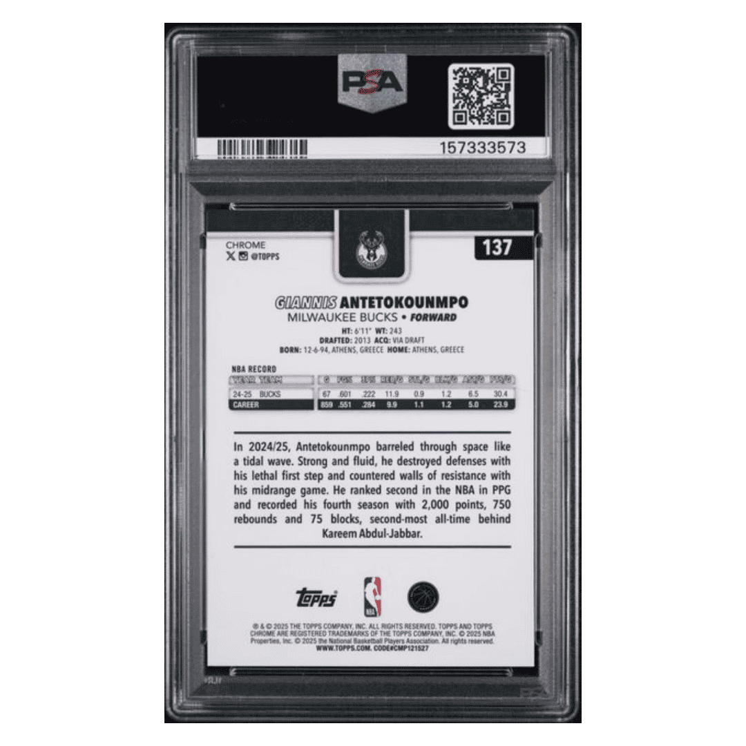 Giannis Antetokounmpo PSA 8 2025 Topps Chrome Aqua Refractor #d/ 199 Card #137