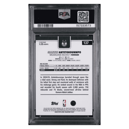 Giannis Antetokounmpo PSA 8 2025 Topps Chrome Aqua Refractor #d/ 199 Card #137