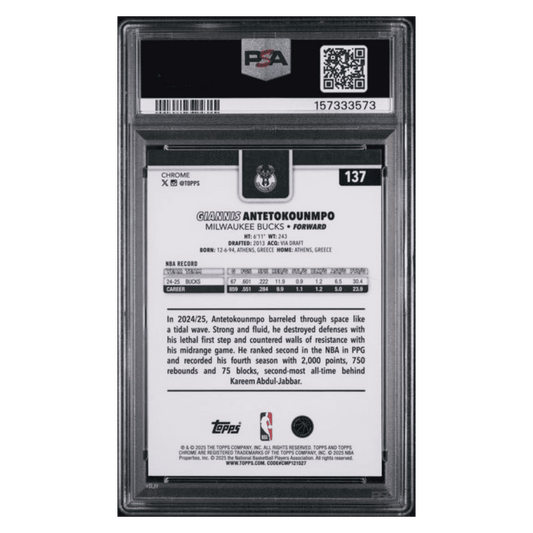 Giannis Antetokounmpo PSA 8 2025 Topps Chrome Aqua Refractor #d/ 199 Card #137