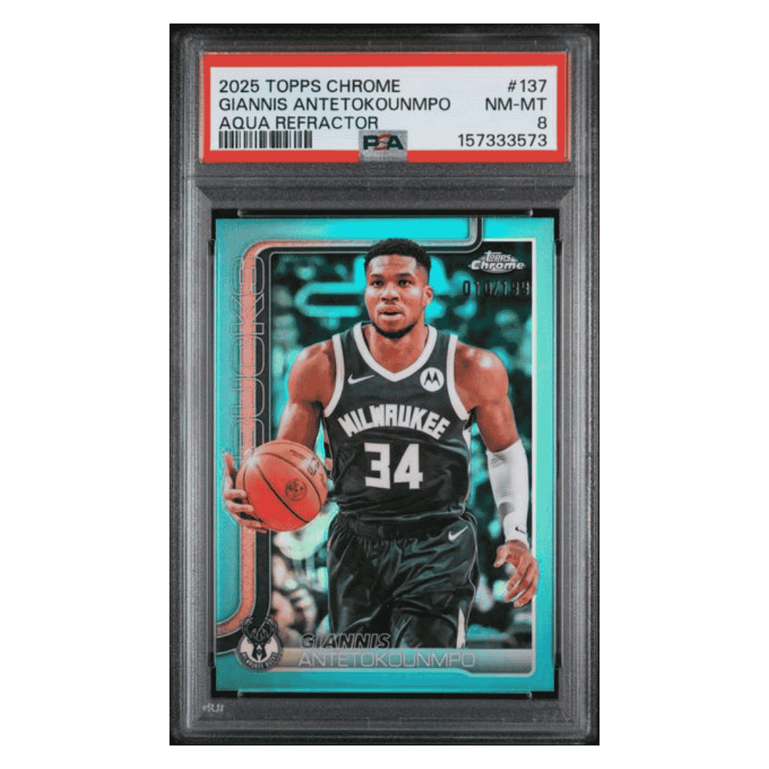 Giannis Antetokounmpo PSA 8 2025 Topps Chrome Aqua Refractor #d/ 199 Card #137