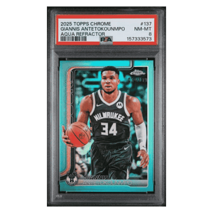 Giannis Antetokounmpo PSA 8 2025 Topps Chrome Aqua Refractor #d/ 199 Card #137