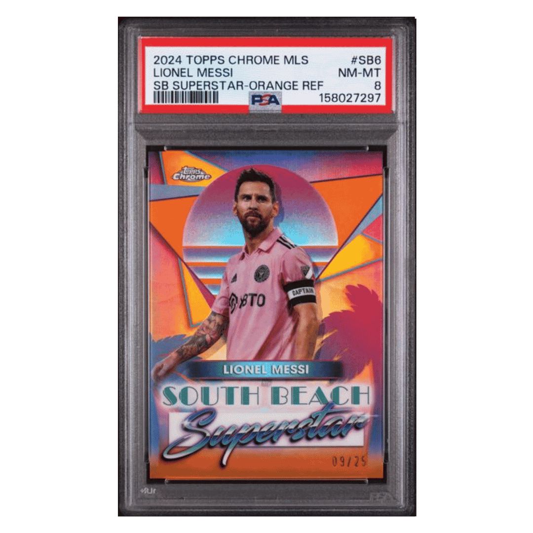 Lionel Messi PSA 8 2024 Topps Chrome MLS South Beach Superstar Orange Refractor #d/ 25 Card #SB6