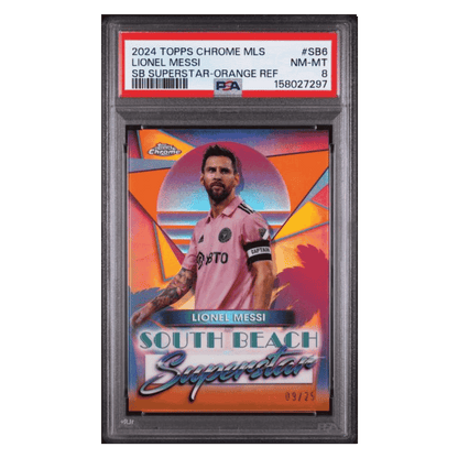 Lionel Messi PSA 8 2024 Topps Chrome MLS South Beach Superstar Orange Refractor #d/ 25 Card #SB6