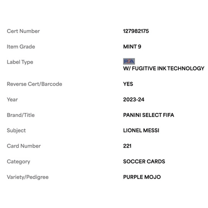 Lionel Messi PSA 9 2023-24 Panini Select FIFA Purple Mojo Card #221
