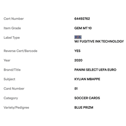 Kylian Mbappe PSA 10 2020 Panini Select UEFA Euro Blue Prizm #d/ 225 Card #51