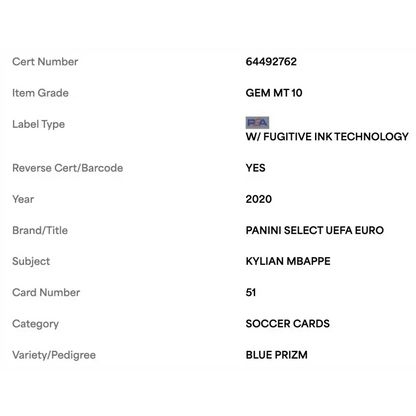 Kylian Mbappe PSA 10 2020 Panini Select UEFA Euro Blue Prizm #d/ 225 Card #51