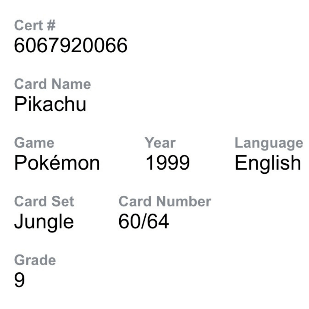 Pikachu CGC 9 1999 Pokemon Jungle Card #60/64