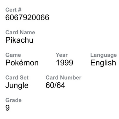 Pikachu CGC 9 1999 Pokemon Jungle Card #60/64