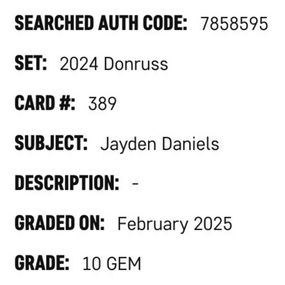 Jayden Daniels SGC 10 2024 Panini Donruss Rated Rookie Card #389