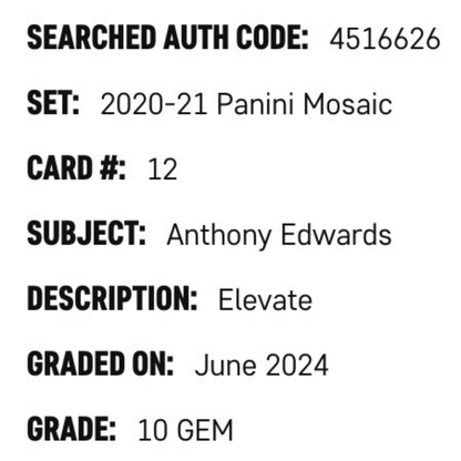 Anthony Edwards SGC 10 2020-21 Panini Mosaic Elevate Card #12