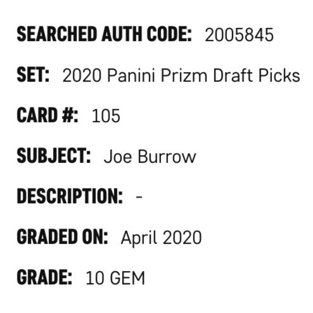 Joe Burrow SGC 10 2020 Panini Prizm Draft Picks Rookie RC Card #105