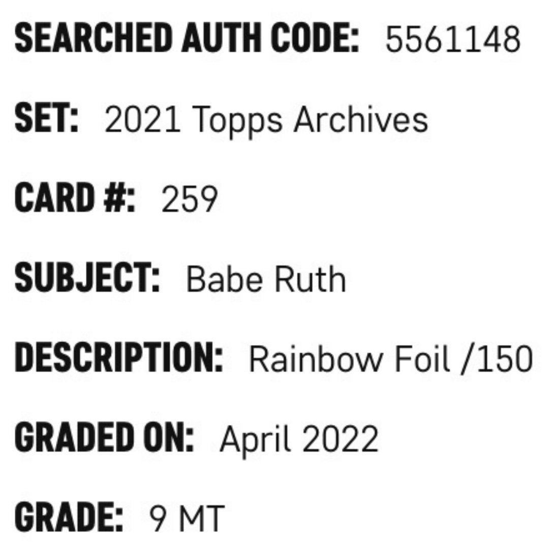 Babe Ruth SGC 9 2021 Topps Archives Rainbow Foil #d/ 150 Card #259