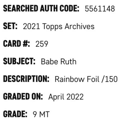 Babe Ruth SGC 9 2021 Topps Archives Rainbow Foil #d/ 150 Card #259
