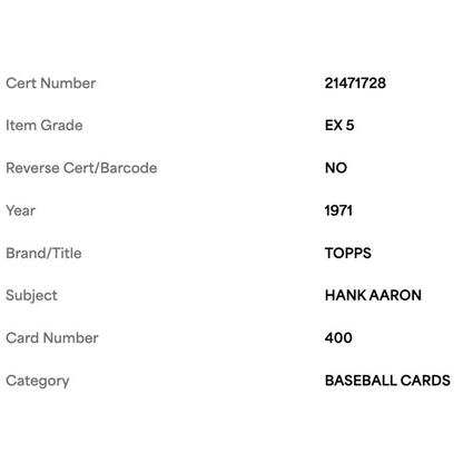 Hank Aaron PSA 5 1971 Topps Card #400