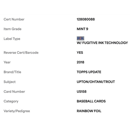 Upton/ Ohtani/ Trout PSA 9 2018 Topps Update Rainbow Foil Card #US158