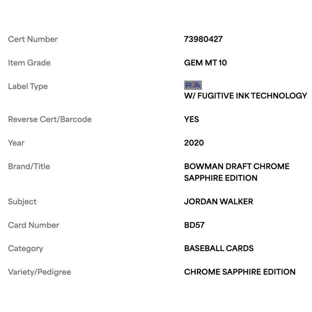 Jordan Walker PSA 10 2020 Bowman Draft Chrome Sapphire Edition Card #BD57