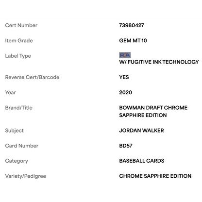 Jordan Walker PSA 10 2020 Bowman Draft Chrome Sapphire Edition Card #BD57