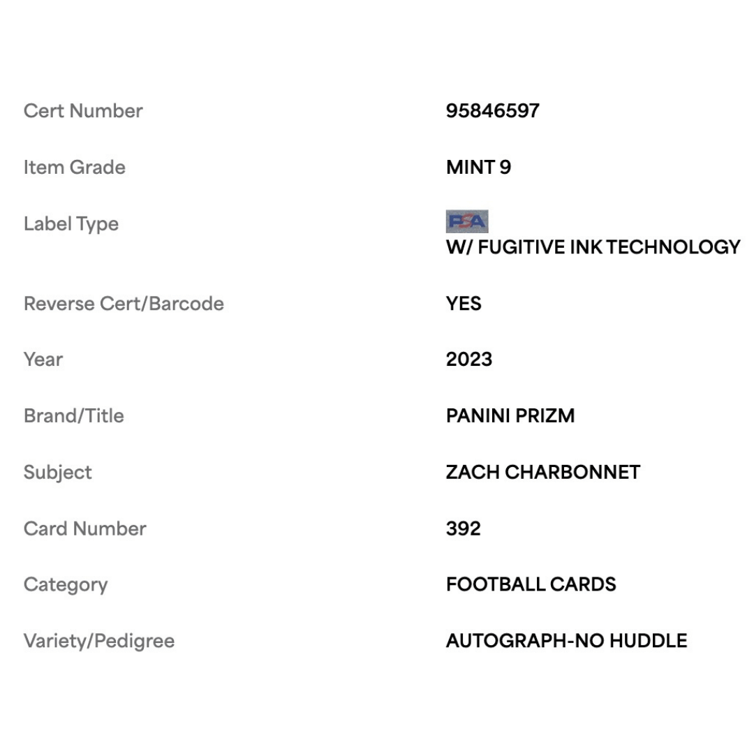 Zach Charbonnet PSA 9 2023 Panini Prizm Autograph No Huddle Rookie RC Card #392