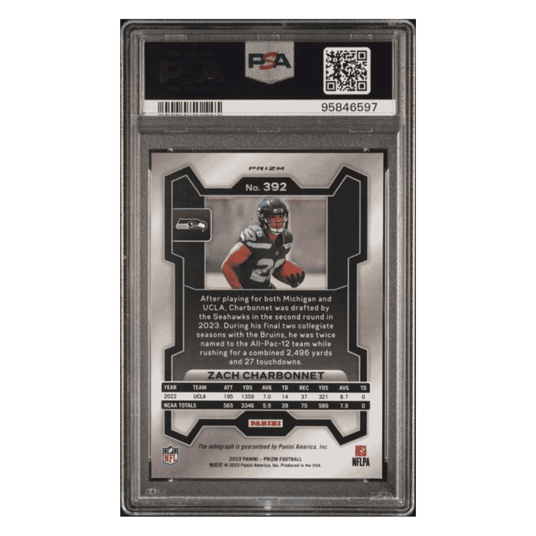 Zach Charbonnet PSA 9 2023 Panini Prizm Autograph No Huddle Rookie RC Card #392