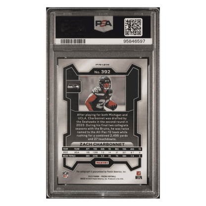 Zach Charbonnet PSA 9 2023 Panini Prizm Autograph No Huddle Rookie RC Card #392