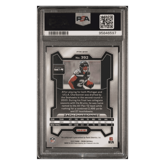 Zach Charbonnet PSA 9 2023 Panini Prizm Autograph No Huddle Rookie RC Card #392