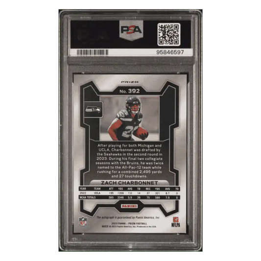 Zach Charbonnet PSA 9 2023 Panini Prizm Autograph No Huddle Rookie RC Card #392