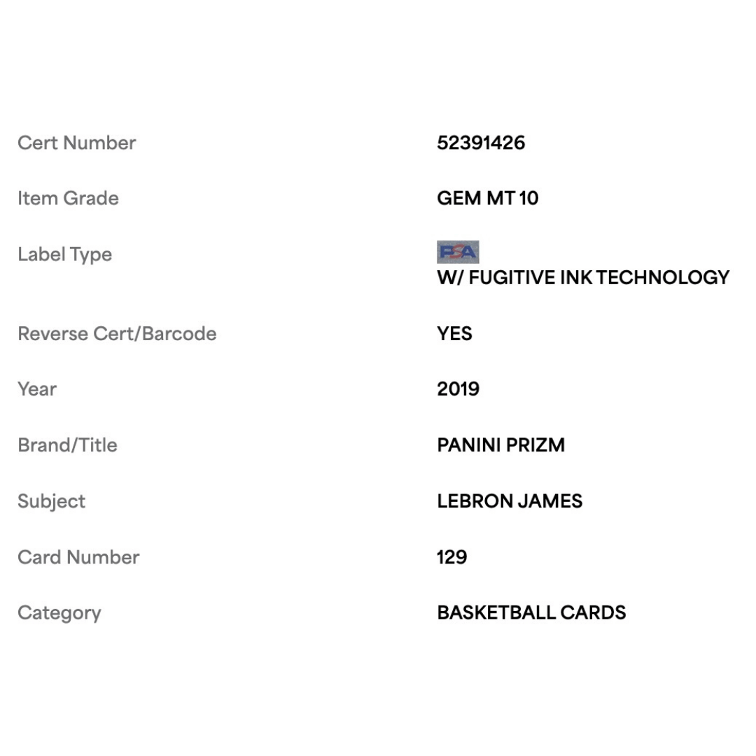 LeBron James PSA 10 2019 Panini Prizm Card #129