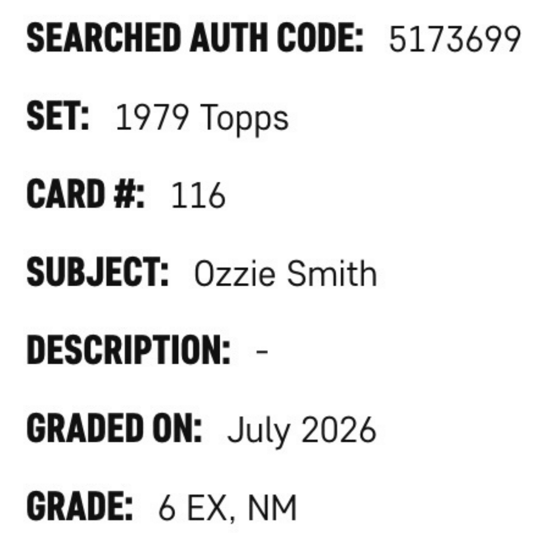 Ozzie Smith SGC 6 1979 Topps Card #116