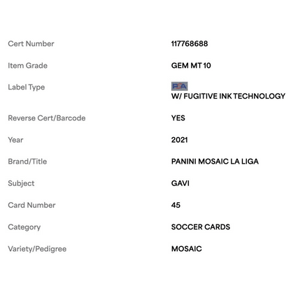 Gavi PSA 10 2021-22 Panini Mosaic La Liga Rookie RC Card #45