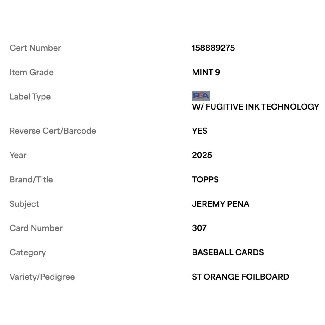 Jeremy Pena PSA 9 2025 Topps ST Orange Foilboard #d/ 25 Card #307