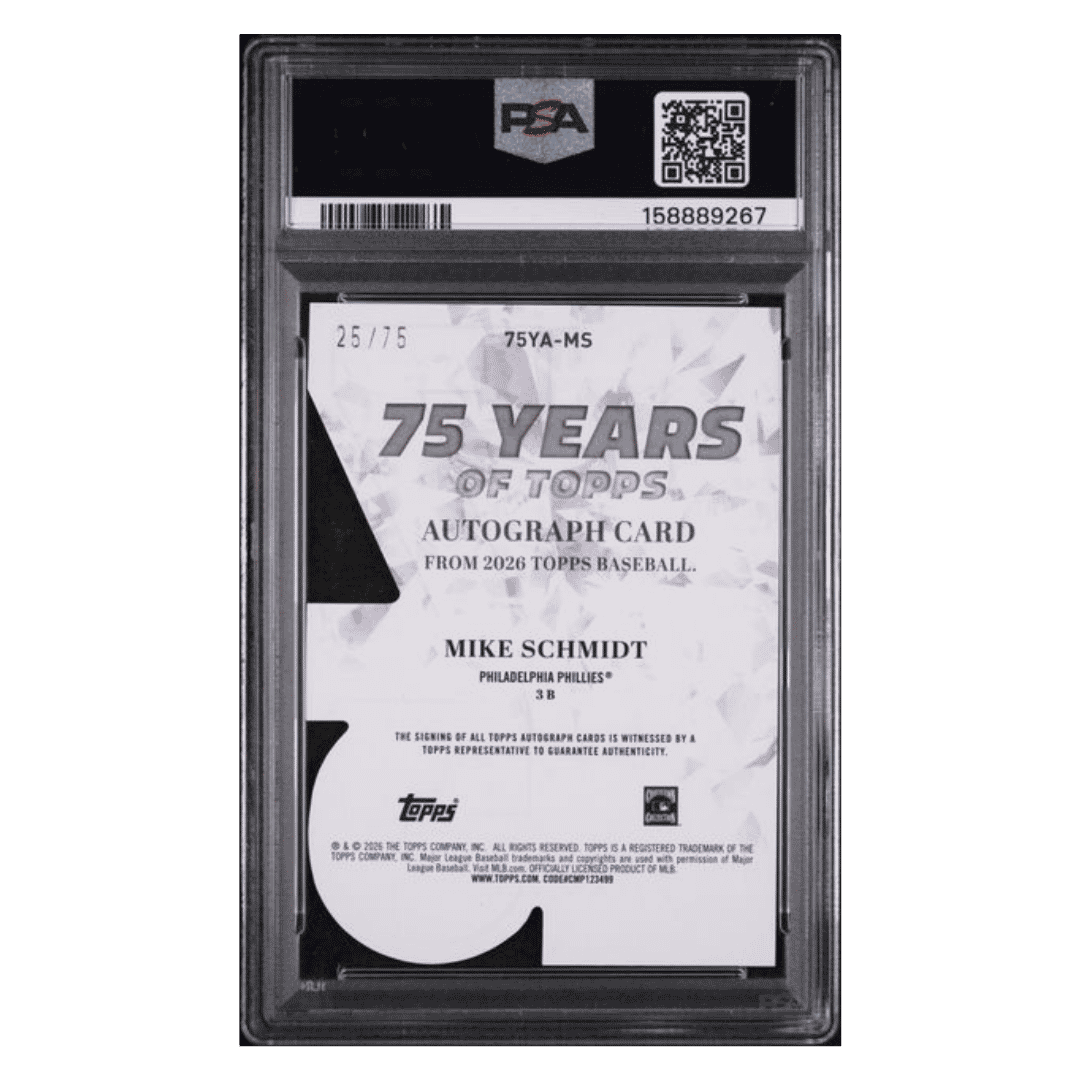 Mike Schmidt PSA 8 2026 Topps 75 Years of Topps Die Cut Autograph #d/ 75 Card #M5