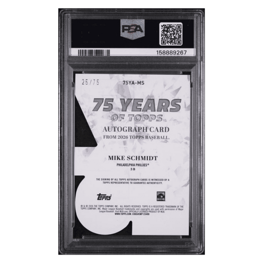 Mike Schmidt PSA 8 2026 Topps 75 Years of Topps Die Cut Autograph #d/ 75 Card #M5