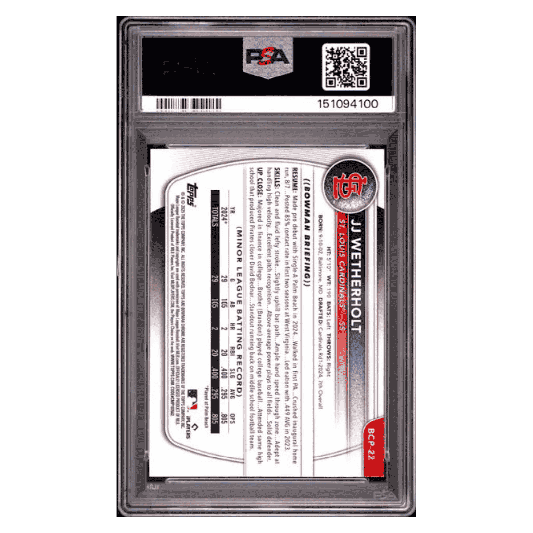JJ Wetherholt PSA 9 2025 Topps Bowman Mega Box Prospects Card #22