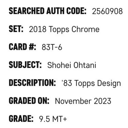Shohei Ohtani SGC 9.5 2018 Topps Chrome '83 Topps Design Rookie RC Card #83T-6