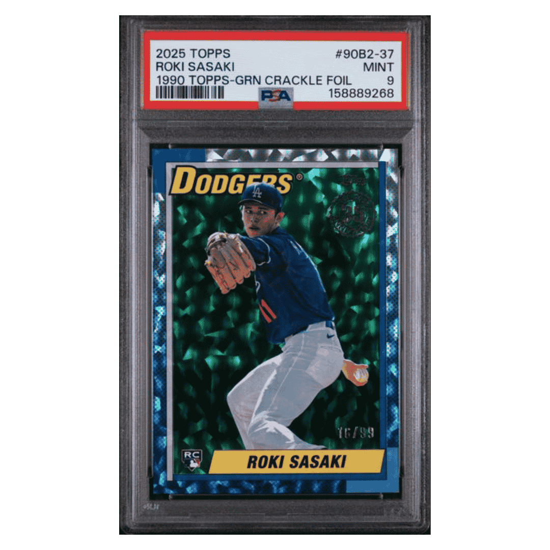 Roki Sasaki PSA 9 2025 Topps 1990 Topps Green Crackle Foil #d/ 99 Card #90B2-37