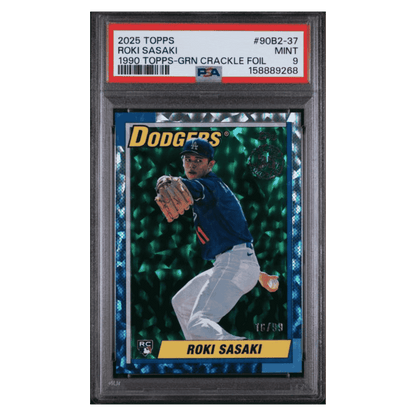 Roki Sasaki PSA 9 2025 Topps 1990 Topps Green Crackle Foil #d/ 99 Card #90B2-37